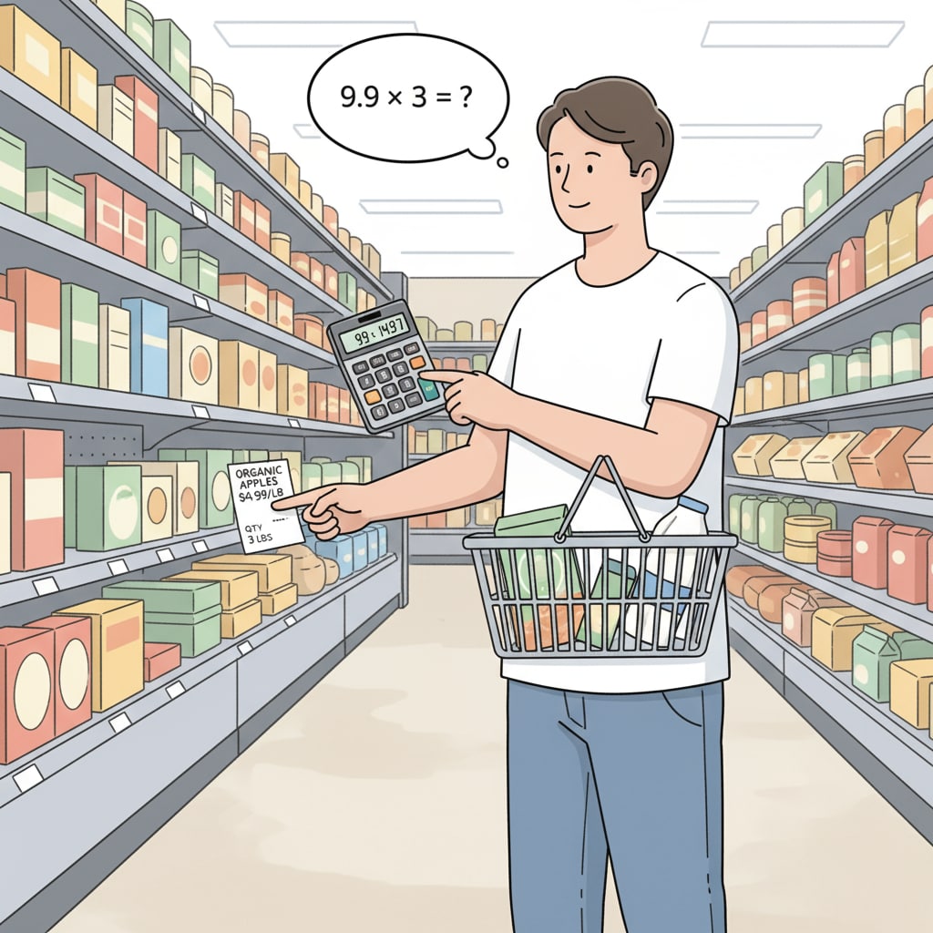 A person is standing in a grocery store aisle, holding a shopping basket and looking at a price tag while using a calculator for basic math calculations. A person using basic math during grocery shopping in relation to the practicality of mathematics education in school curriculum
