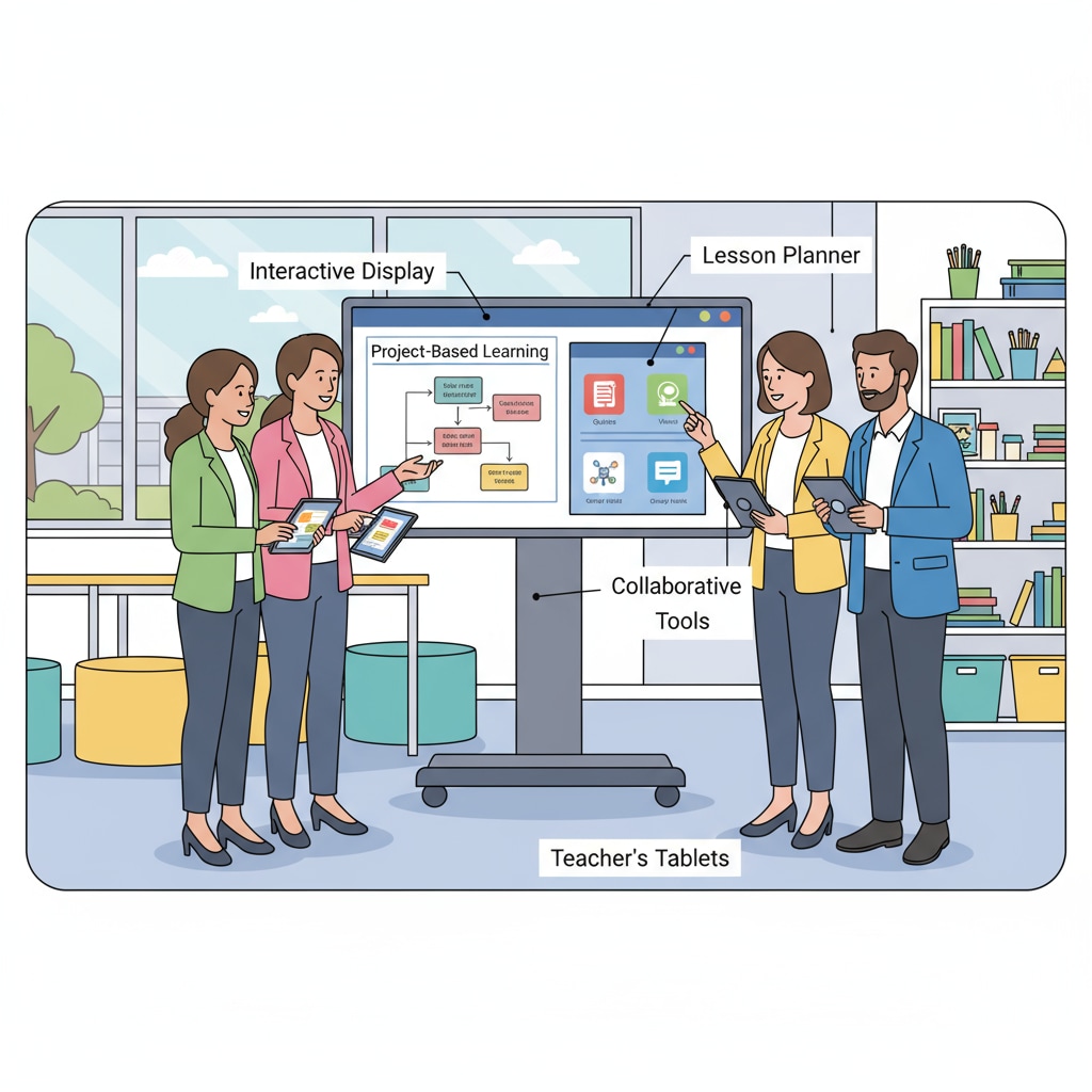 A group of teachers are gathered around digital devices in a modern classroom setting, discussing and using various teaching tools on their screens. Teachers using digital teaching tools for enhanced time efficiency and productivity in the classroom