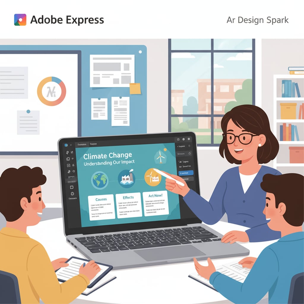 A teacher is shown using Adobe Spark software to create an engaging infographic for teaching purposes. The screen displays various design elements and options. Teacher using Adobe Spark to create teaching materials for improved productivity