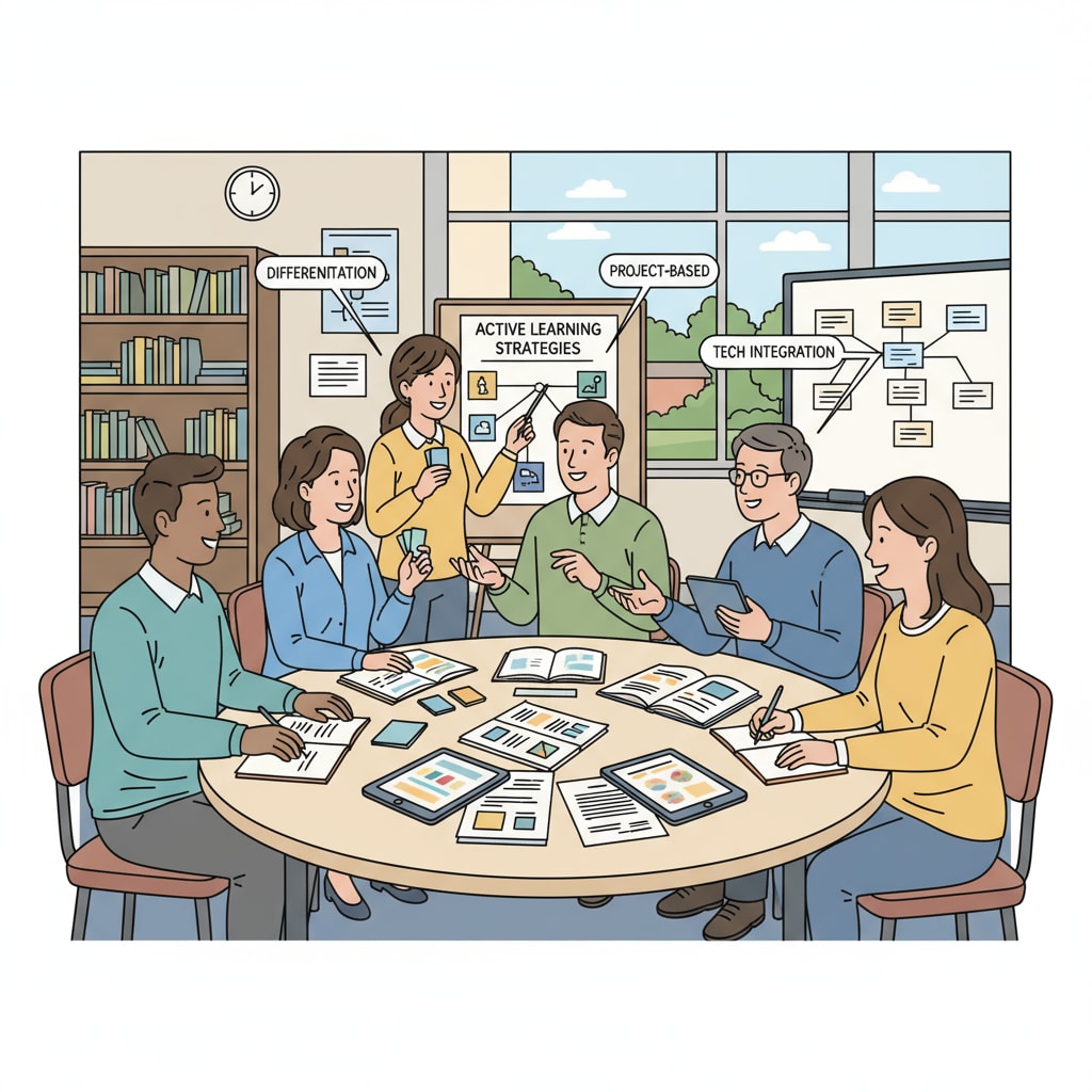 A group of K12 educators are engaged in a discussion about different teaching techniques inside a classroom. They are looking at teaching materials and sharing ideas. K12 educators discussing teaching methods to maintain their teaching enthusiasm with professional support