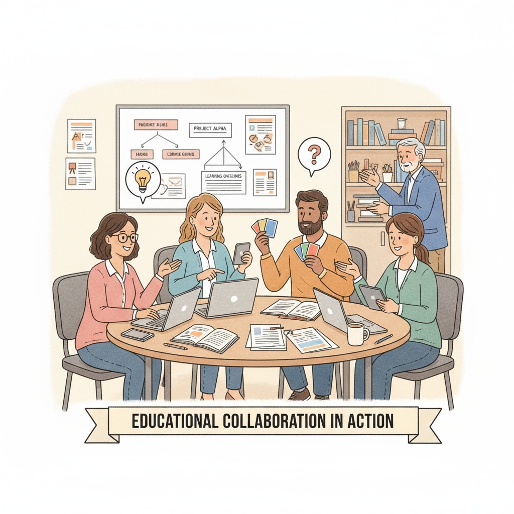 In a staff room, several educators are collaborating on a project. They are sharing resources, offering suggestions, and showing a sense of teamwork. Educators collaborating in a staff room to receive professional support and keep their teaching enthusiasm alive