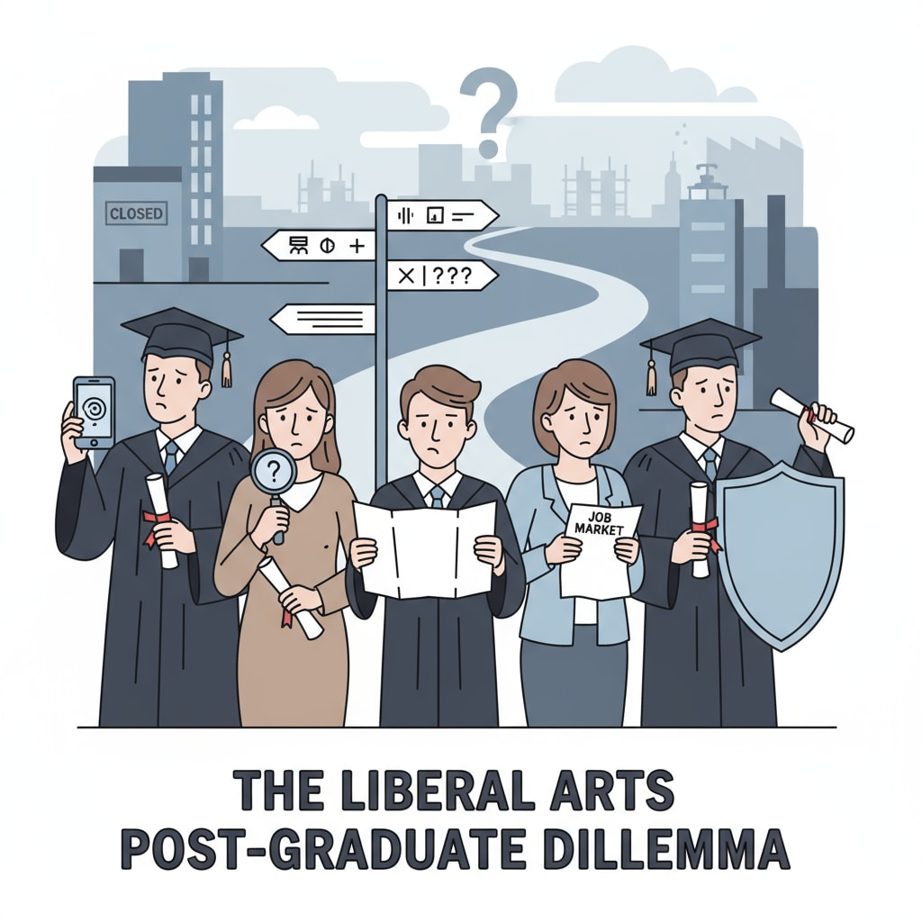 A group of liberal arts graduates are seen looking confused as they hold their diplomas, representing their uncertainty in the job market. Liberal arts graduates facing career dilemmas and employment challenges