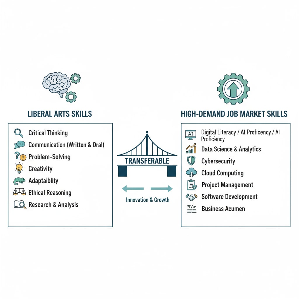 A graph visually depicts the contrast between the skills acquired through liberal arts education and those in high demand in the job market. Graph showing the mismatch between liberal arts education skills and job market demands