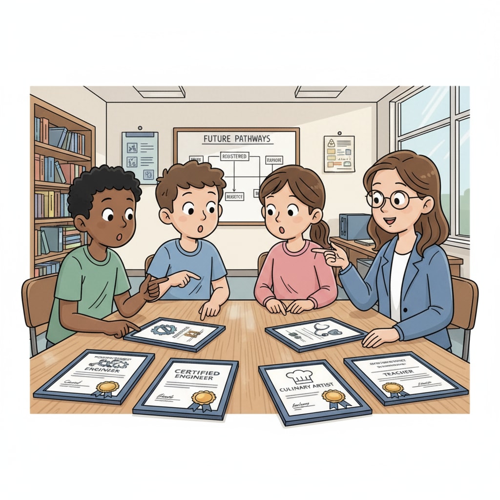 A group of students are looking at various career certificates displayed on a table, showing curiosity and interest. Students examining career certificates related to employment preparation and educational value