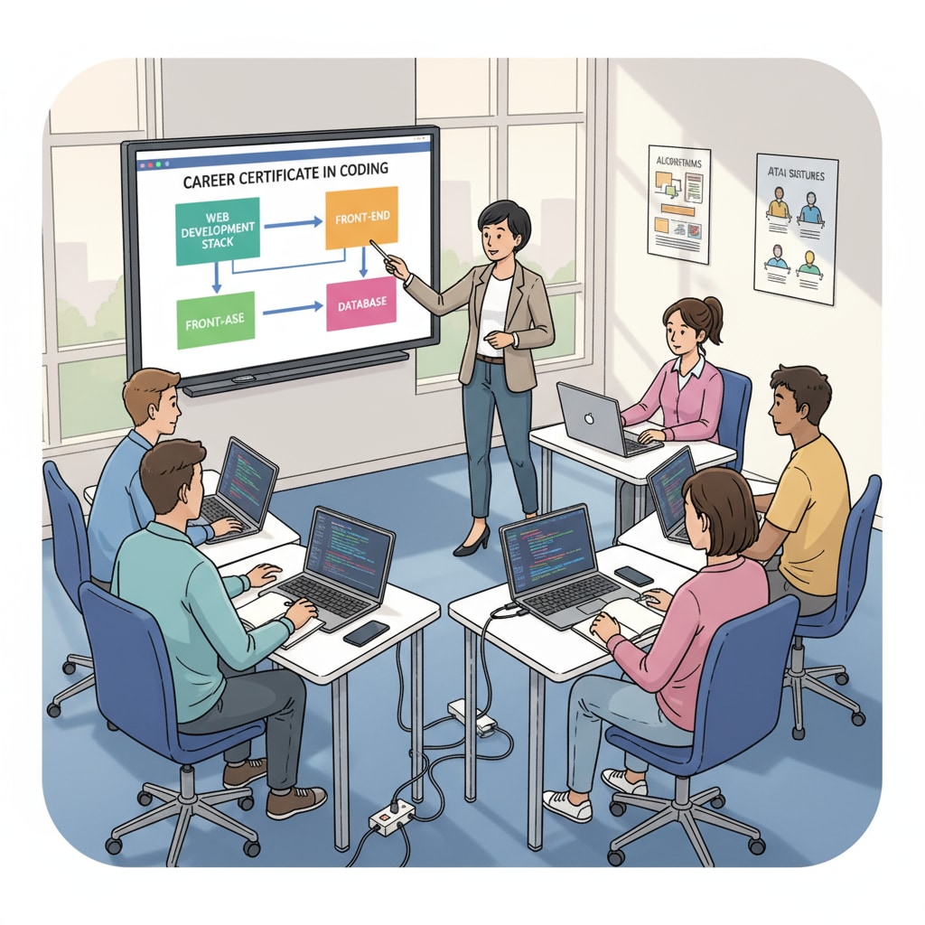 Students are attentively attending a coding class that is part of a career certificate program, highlighting practical learning. Students in a coding class for career certificates emphasizing educational value and employment readiness