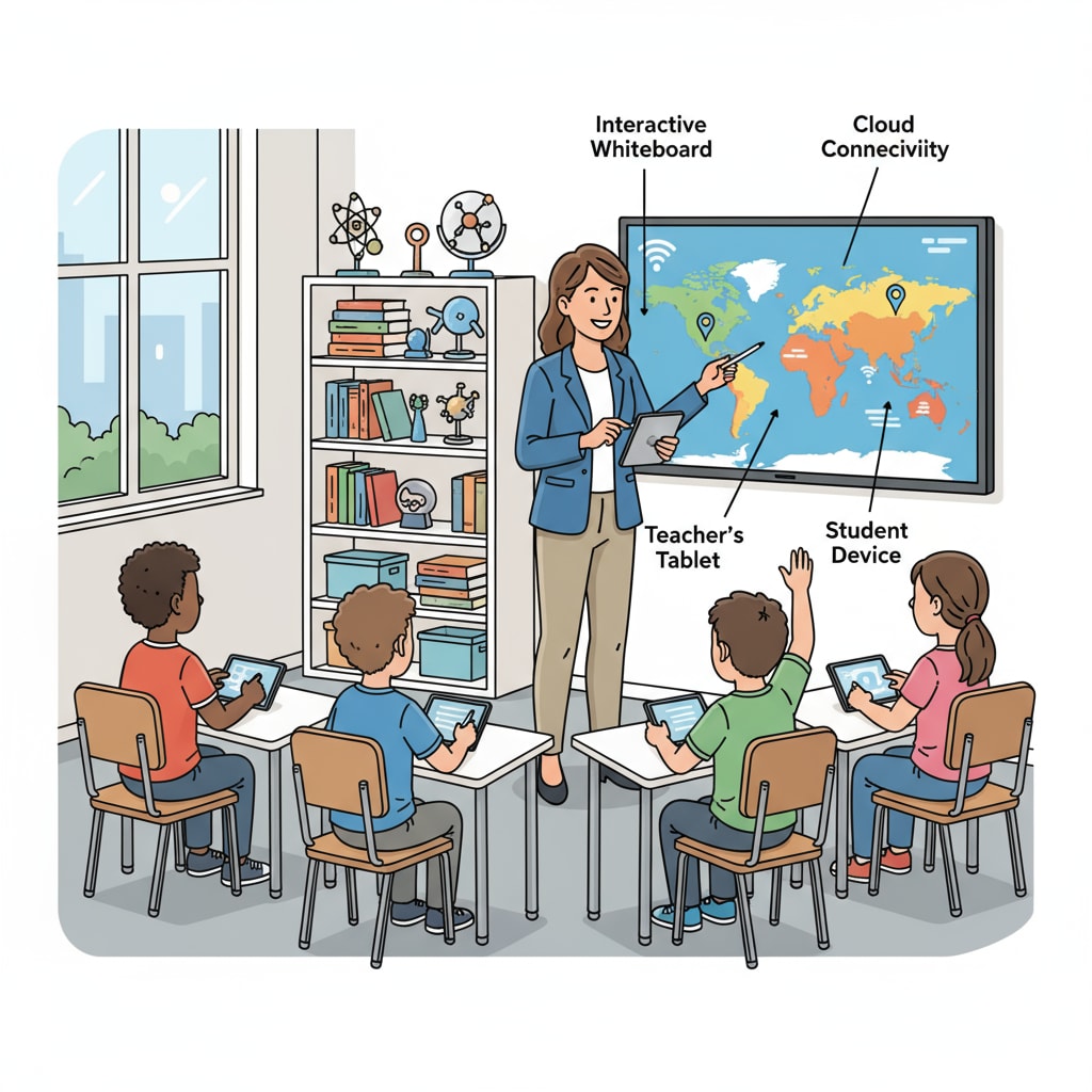 A teacher is using educational technology tools such as a tablet and interactive whiteboard in the classroom to teach students. A teacher using educational technology tools to enhance teaching efficiency in the classroom