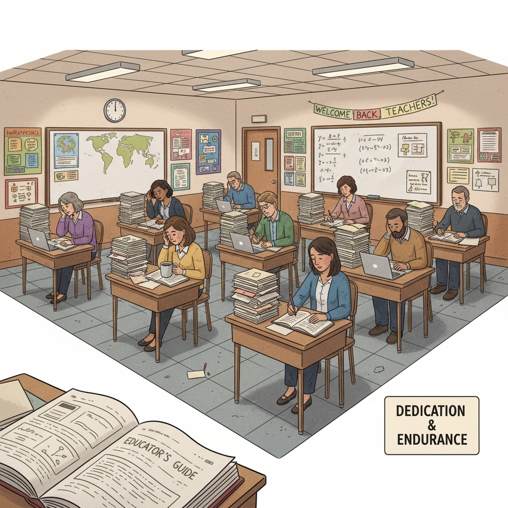 Teachers are sitting at their desks, grading a large stack of papers, looking weary. Teachers burdened with the task of grading papers, highlighting their heavy workload