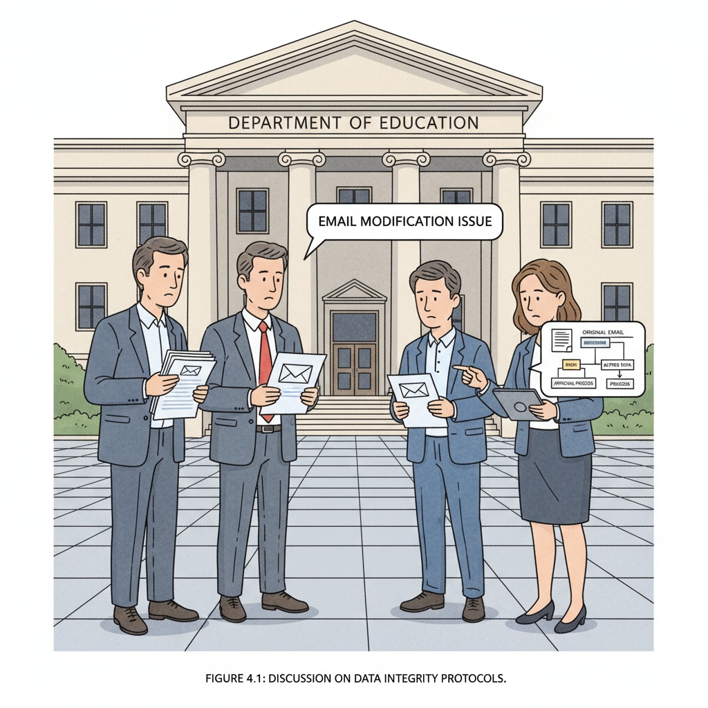 A group of people are engaged in a serious discussion in front of the imposing Department of Education building, with some holding documents, presumably related to the email modification issue. People discussing the federal unions' litigation over the Department of Education's email modification in front of the building