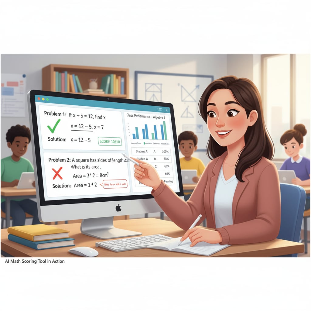 An illustration of a teacher using a computer with an AI math scoring tool interface. The screen shows math problems being graded automatically. A teacher using an AI math scoring tool to enhance working efficiency.