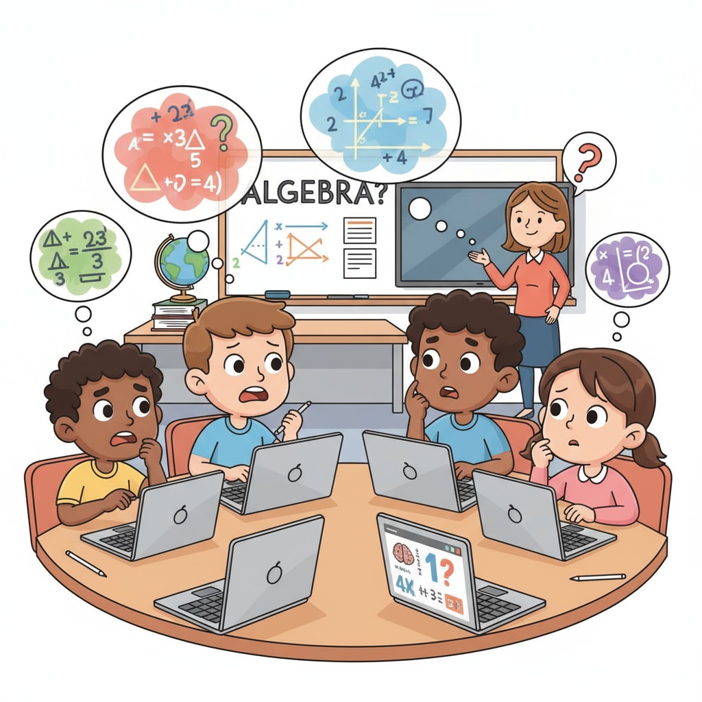 A group of students are sitting in a classroom, using Chromebooks. Their expressions show confusion as they attempt to learn math concepts on the digital platform. Students using Chromebook for math learning, showing signs of confusion related to digital learning, Chromebook, math education, parent tutoring