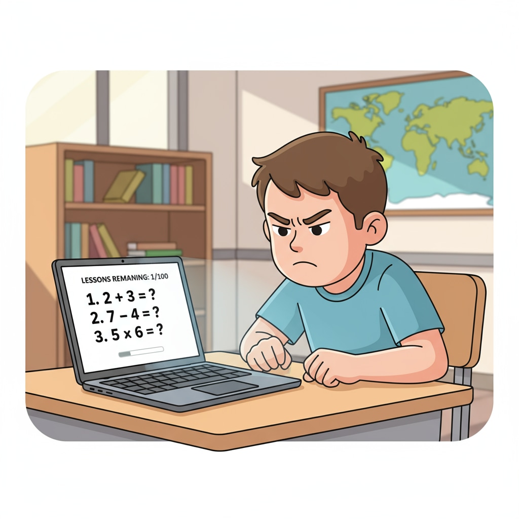 A single student is sitting at a desk, looking frustrated. The Chromebook screen in front of them displays only a few math practice problems, highlighting the scarcity of materials. Frustrated student with limited math practice problems on Chromebook, related to digital learning, Chromebook, math education, parent tutoring
