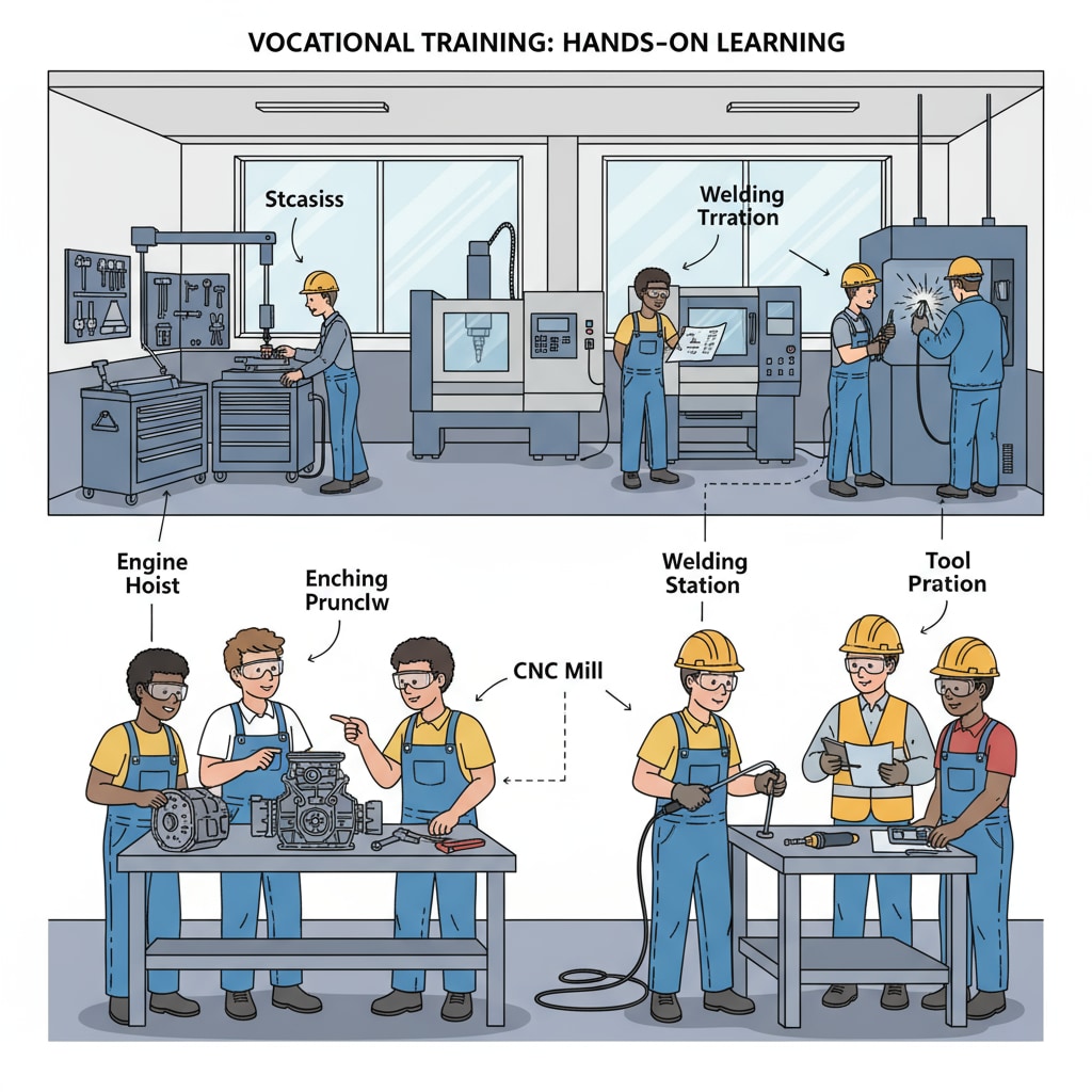 A group of students in a vocational training workshop, engaged in hands-on activities related to a specific trade. Students in vocational training workshop demonstrating employment-relevant skills