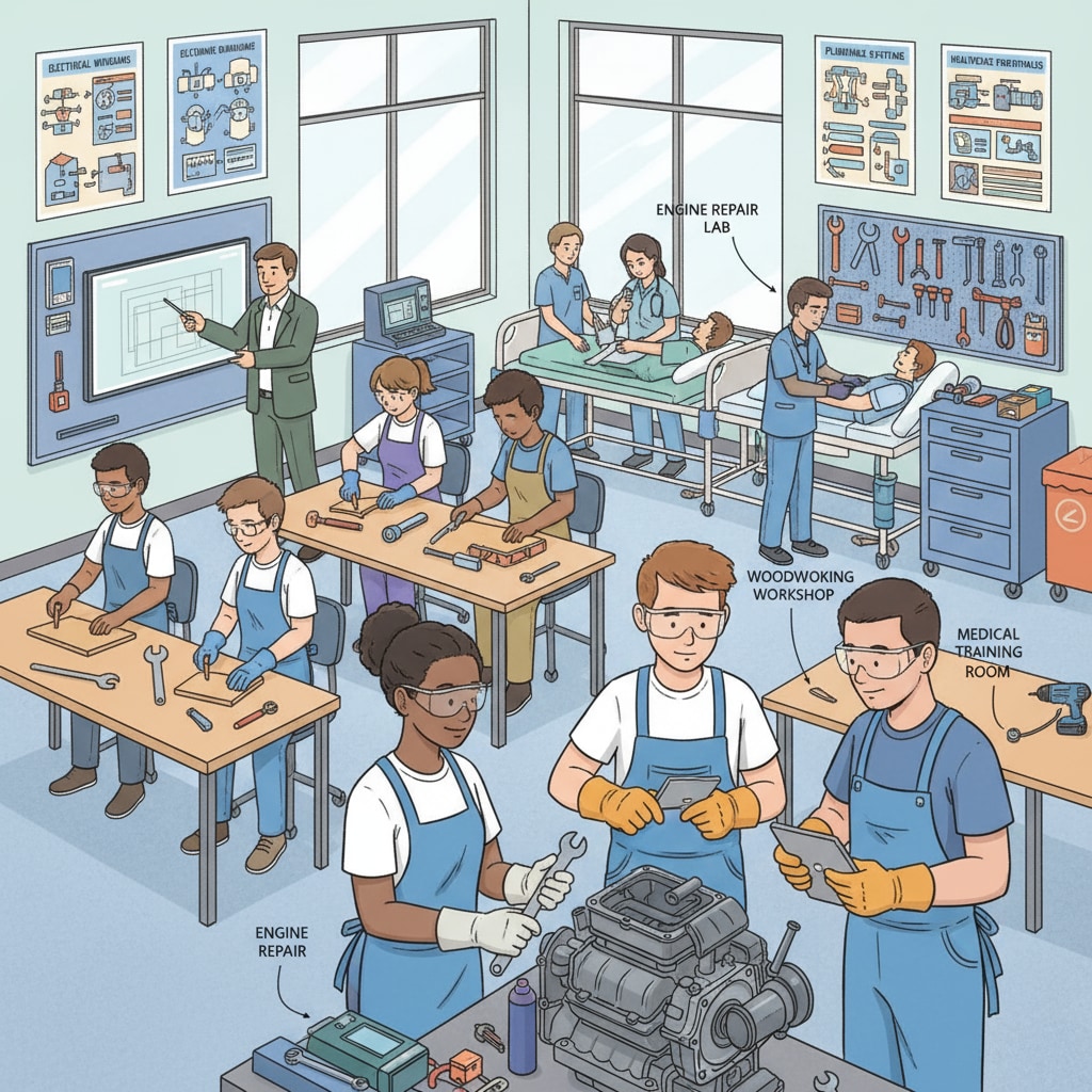 A vocational education classroom where students are actively involved in practical lessons, highlighting the practical nature of vocational education. Vocational education classroom with students practicing employment-relevant skills