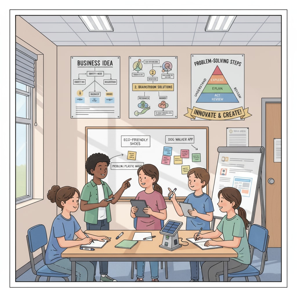 A classroom scene where students are collaborating on an entrepreneurial project. There are posters on the wall related to business ideas and problem-solving steps. K-12 students engaged in an entrepreneurial project to develop problem-solving skills