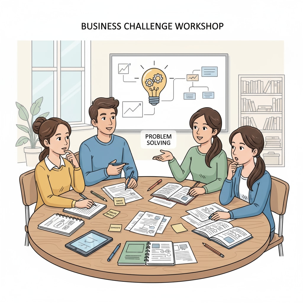 A group of students sitting around a table, discussing and jotting down ideas to solve a business problem. There are papers and pens scattered on the table. K-12 students brainstorming solutions to a business problem as part of entrepreneurial education