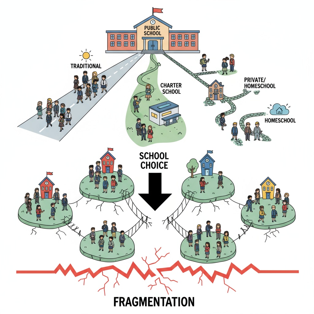 A visual representation of students having different educational paths due to school choice, showing the potential fragmentation. School choice and its impact on student distribution among different schools from a conservative perspective