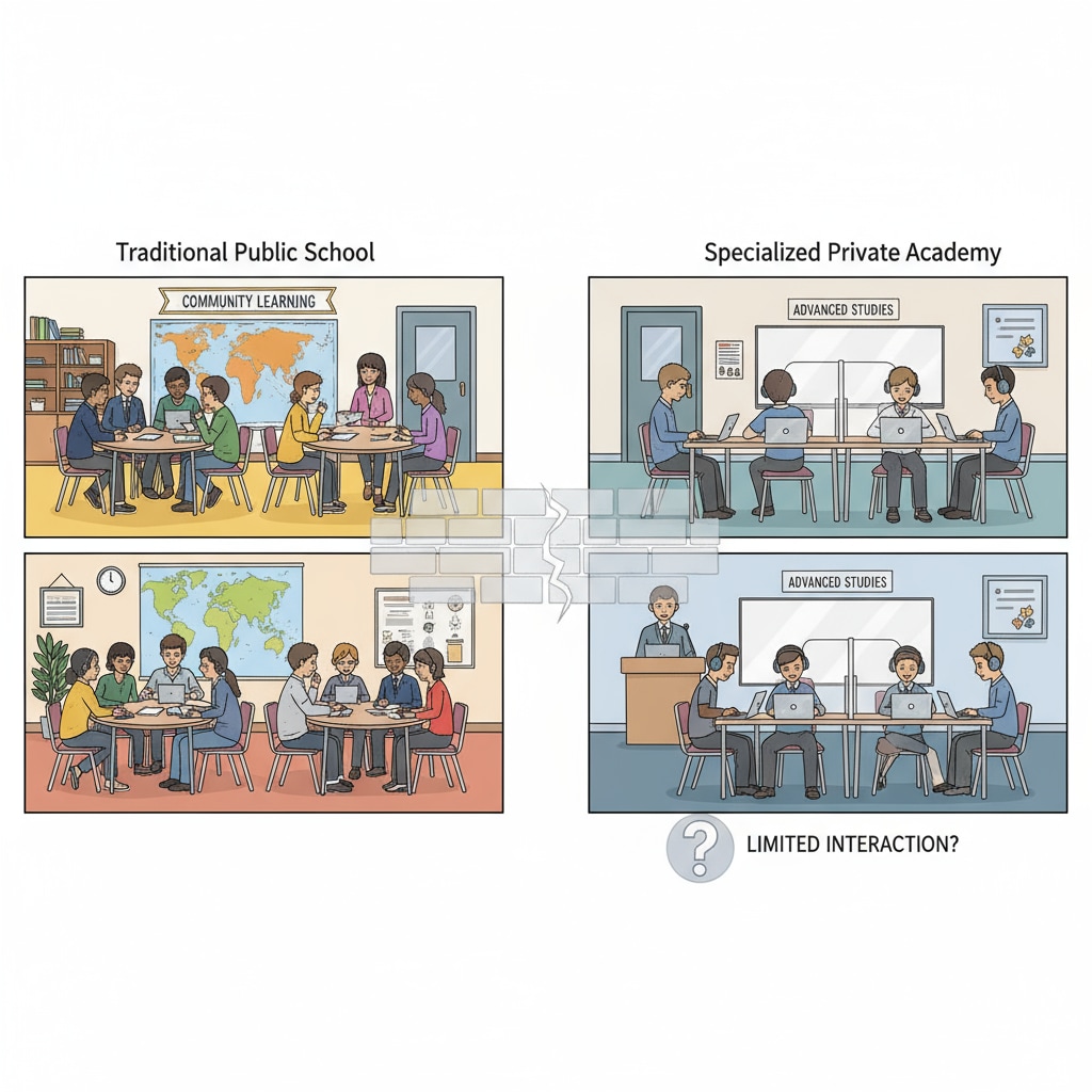 An image depicting two distinct groups of students in separate educational settings, emphasizing the lack of interaction that can occur with school choice. School choice leading to a lack of community interaction among students, relevant to conservative views