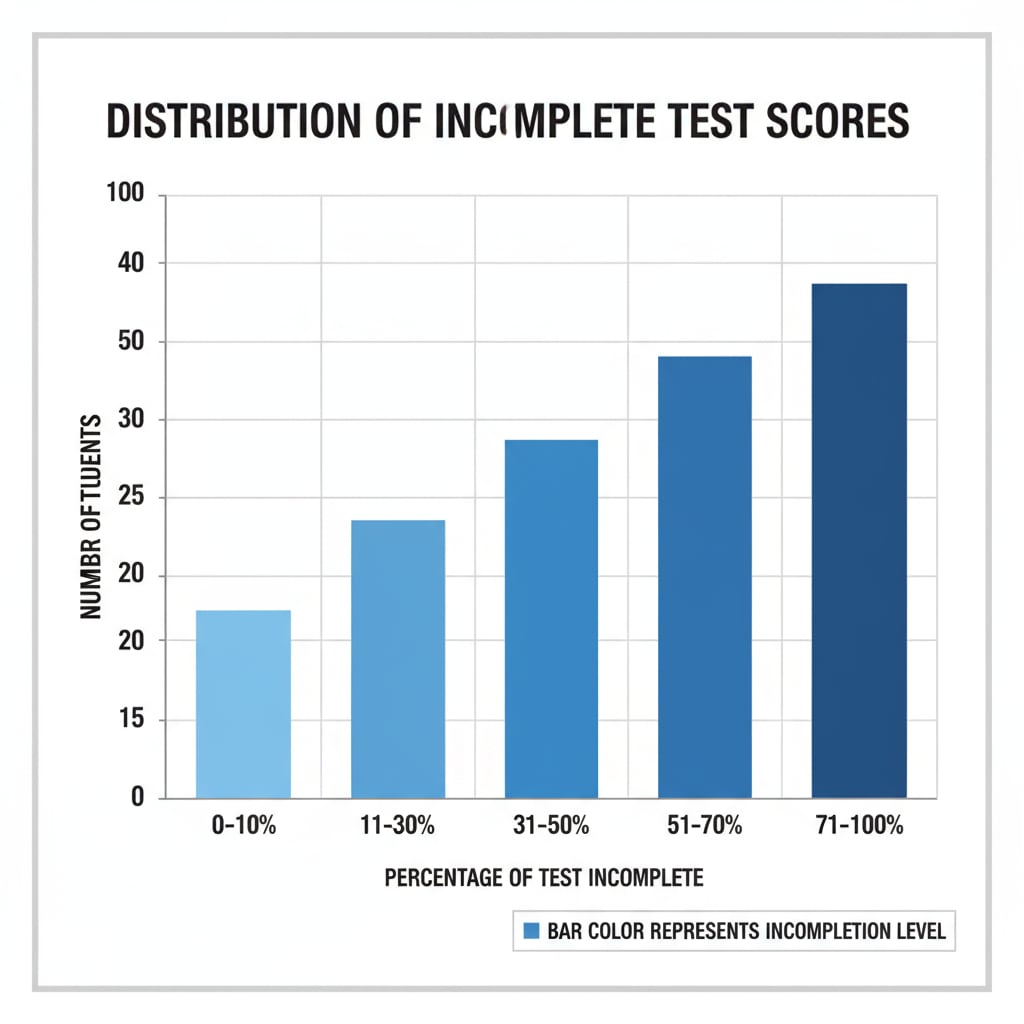 A graph visually presenting the distribution of incomplete test scores among students, with different bars representing different levels of incompletion. Graph showing the distribution of incomplete test scores relevant to test scores, data analysis, and outliers