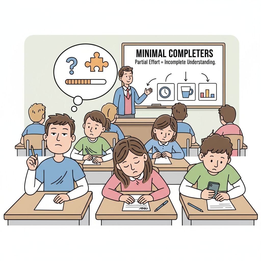 An illustration depicting the concept of minimal completers in a classroom setting, showing a few students only partially engaged in the test. Illustration of the concept of minimal completers related to test scores, data analysis, and outliers