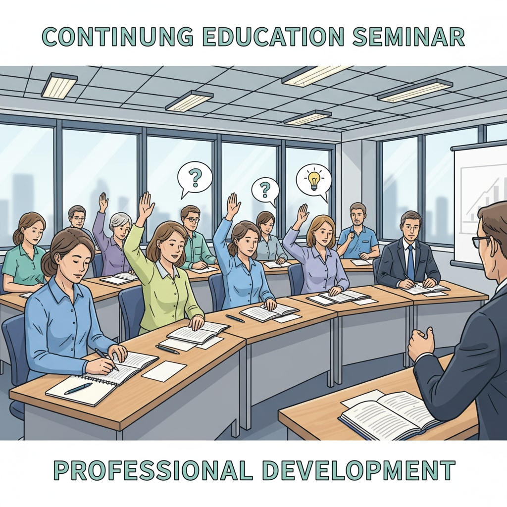 A group of professionals are attending a continuing education class, taking notes and interacting with the instructor. Professionals engaged in continuing education for career development and to meet educational requirements