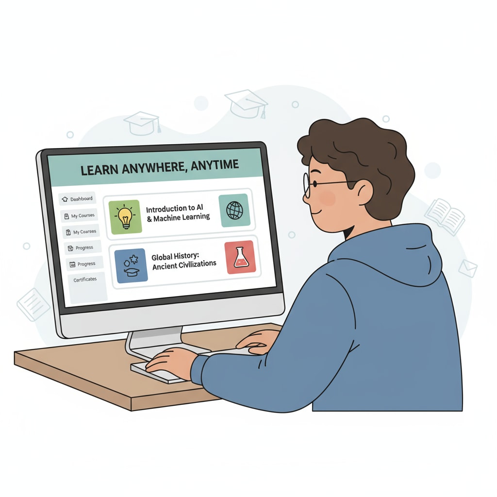 A person is sitting in front of a computer, studying on an online learning platform with various courses displayed on the screen. Individual exploring continuing education options through an online learning platform for career growth