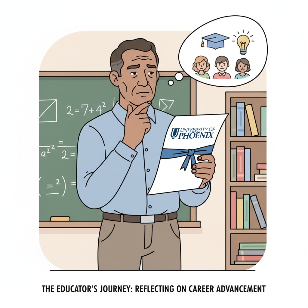 An educator is holding a diploma from the University of Phoenix, looking at it with a thoughtful expression, contemplating its impact on their career. Educator examining University of Phoenix diploma for career growth