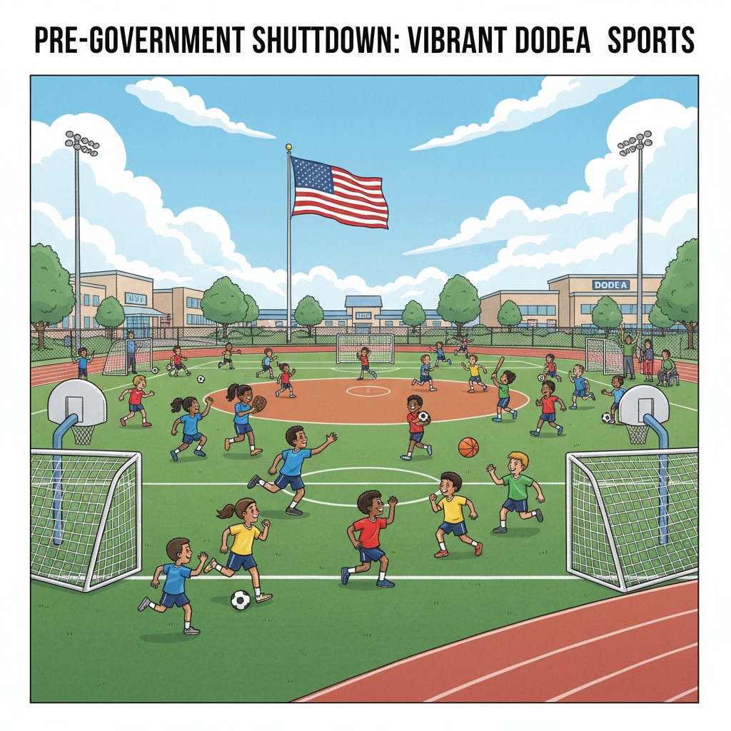 A group of happy military children playing sports on a well - equipped field before the government shutdown, showing the normal and vibrant sports activities in DODEA schools. Military children enjoying sports activities at a DODEA school before the government shutdown