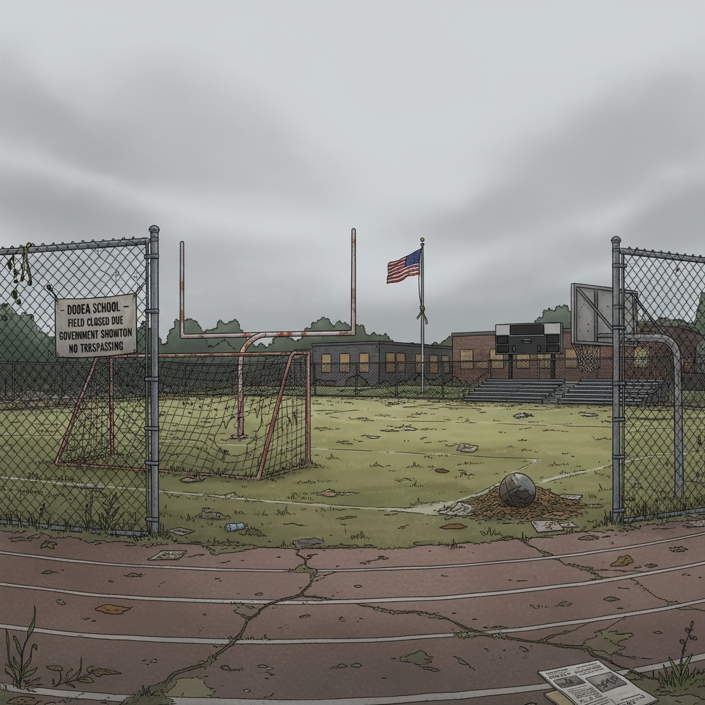 An empty and neglected sports field at a DODEA school during the government shutdown, highlighting the lack of activity and resources. Empty sports field at a DODEA school during the government shutdown