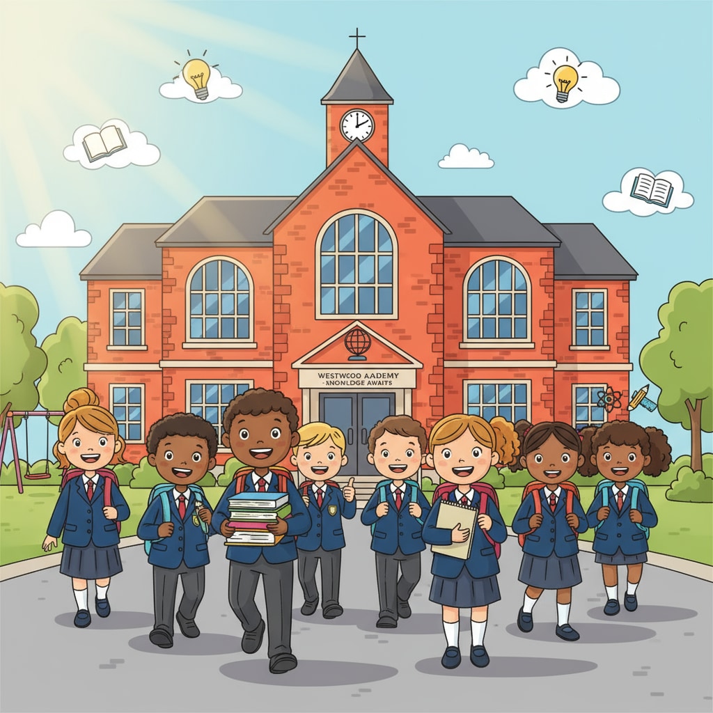 A group of students are walking into a UK school building, looking positive and excited about their learning journey. Students returning to school in the UK education system