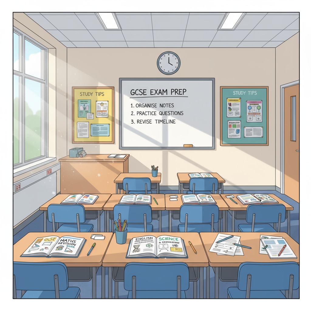 Inside a UK school classroom, students are engaged in studying GCSE materials, with books and papers on their desks. Students studying GCSE in a UK school for their return to education