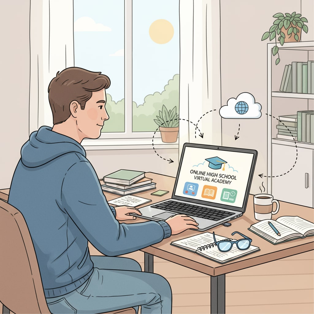 An illustration showing an adult sitting at a desk, studying on a laptop, representing online high school learning An adult studying online for an affordable high school education