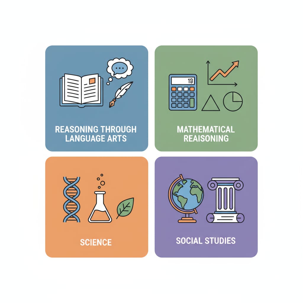 A graphic showing the four subject areas of the GED test Graphic of GED test subject areas for affordable high school equivalency