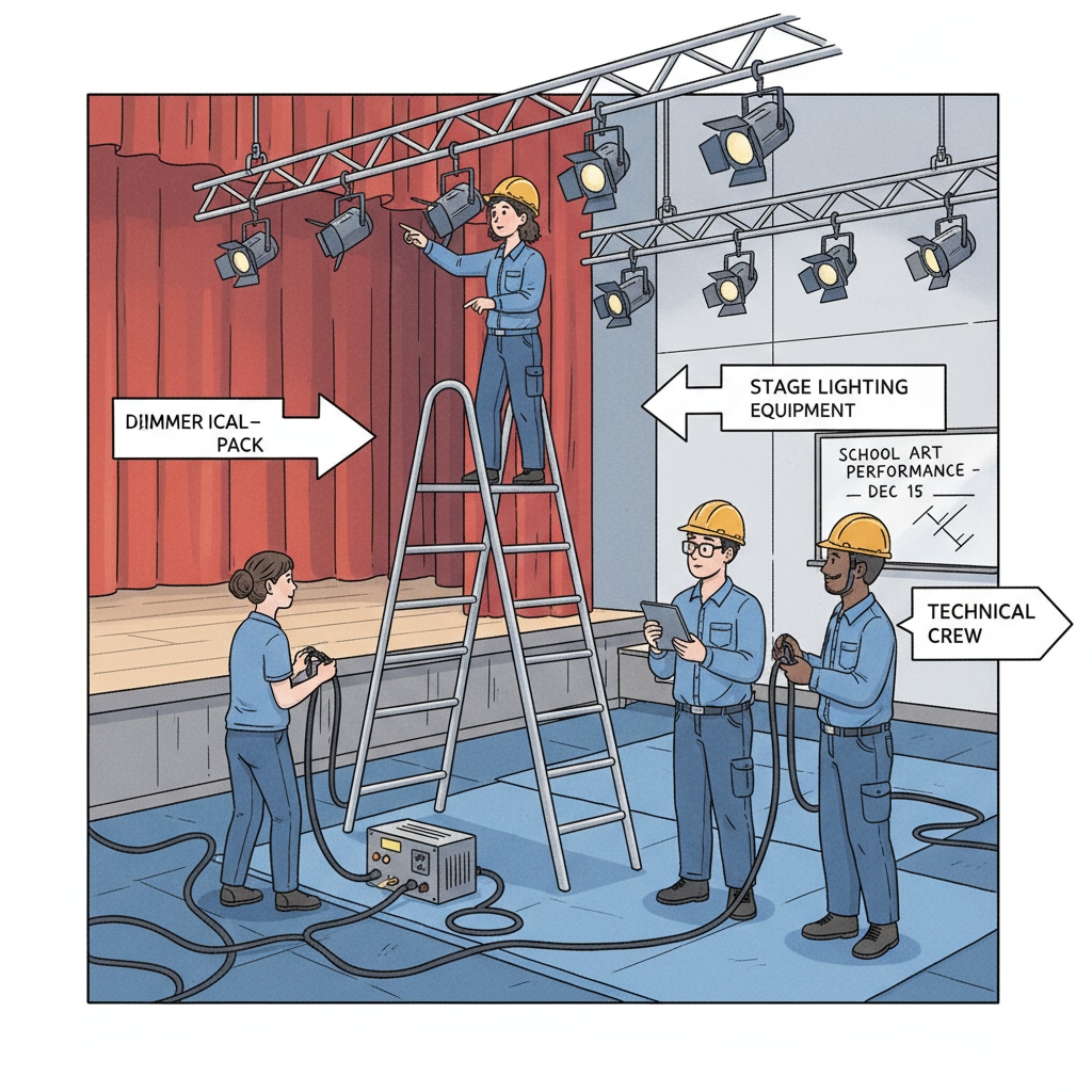 A group of technical team members setting up lighting equipment for a school art performance. Technical team members preparing lighting for art education performance