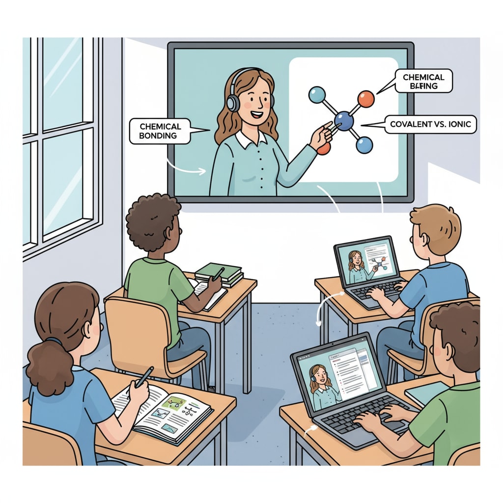 A teacher is on a screen, explaining a lesson. Students in the classroom are watching attentively and taking notes. There are laptops and textbooks on their desks. A flipped classroom scenario with teacher explaining online and students in class