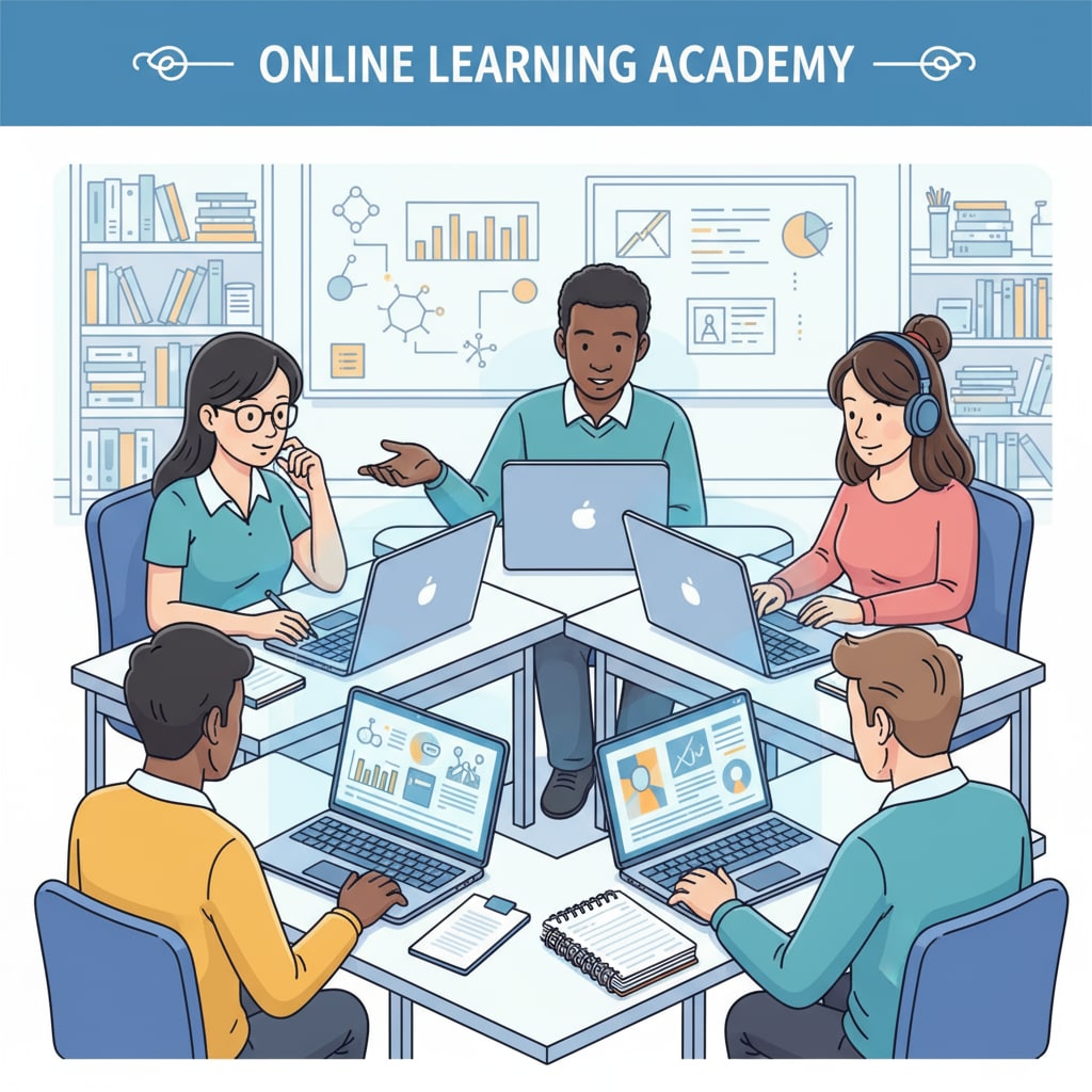 A diverse group of adults sitting at their desks, engaged in online learning courses, with laptops displaying educational content. Adults engaged in online learning for education completion, high school diploma, and career growth.