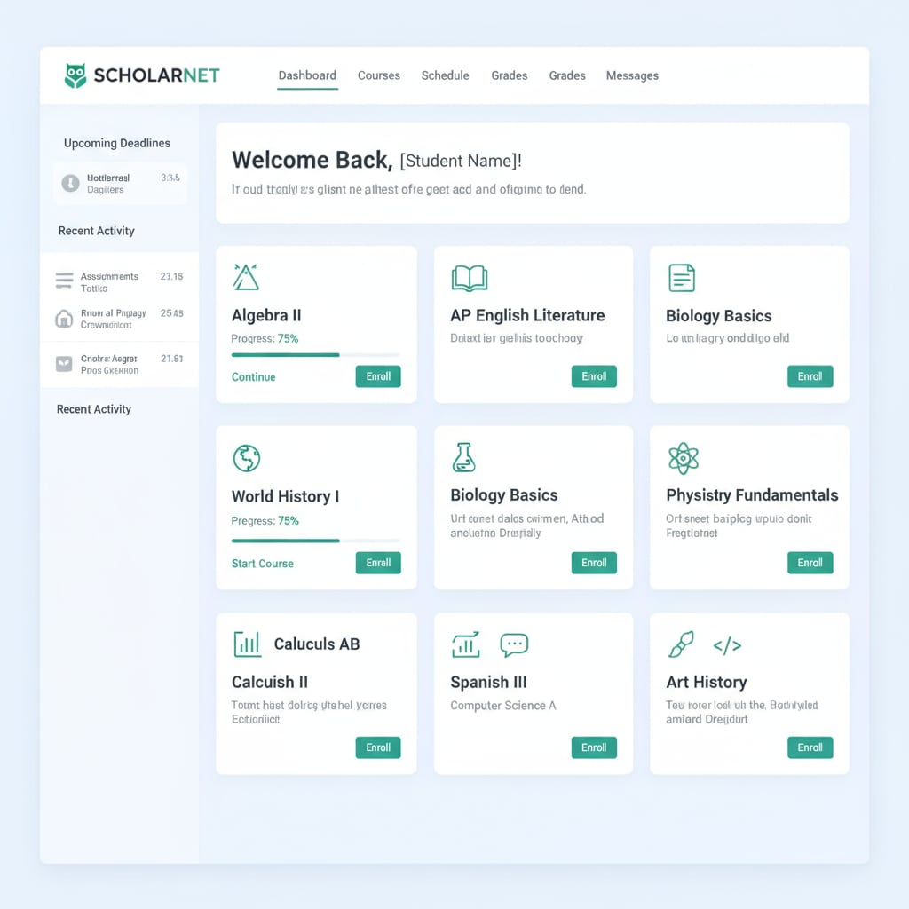 A screenshot of an online learning platform's dashboard, showing different high school courses available for enrollment. Online learning platform dashboard with high school courses for education completion.