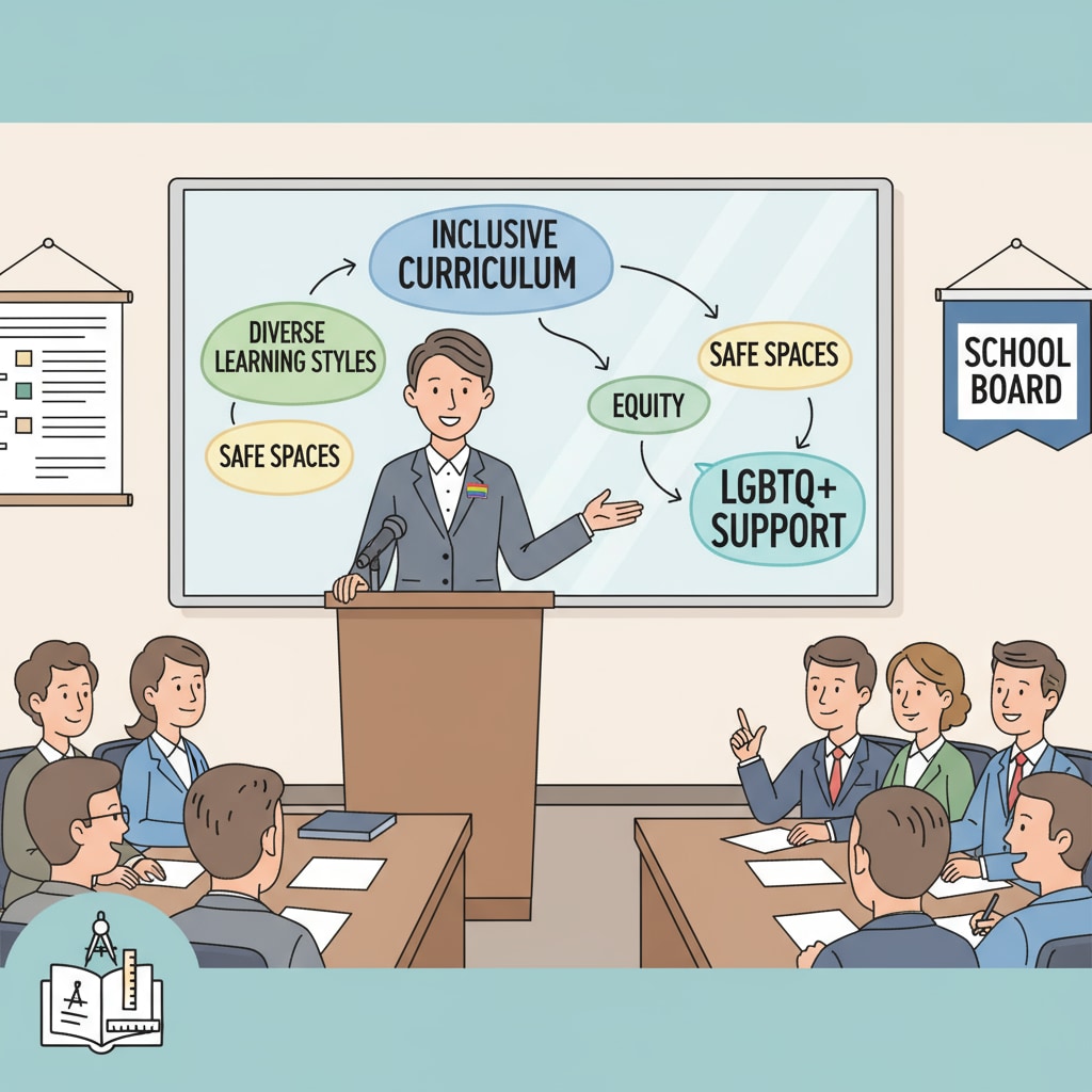 A person standing at a podium during a school board meeting, passionately presenting ideas related to inclusive education, representing an LGBTQ+ representative. An LGBTQ+ representative advocating for inclusive education during a school board meeting
