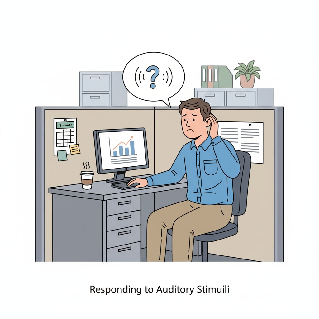 A person sitting in an office cubicle looking confused upon hearing the sound. A person in an office being confused by the sound which was misinterpreted as crying but was actually a violin.