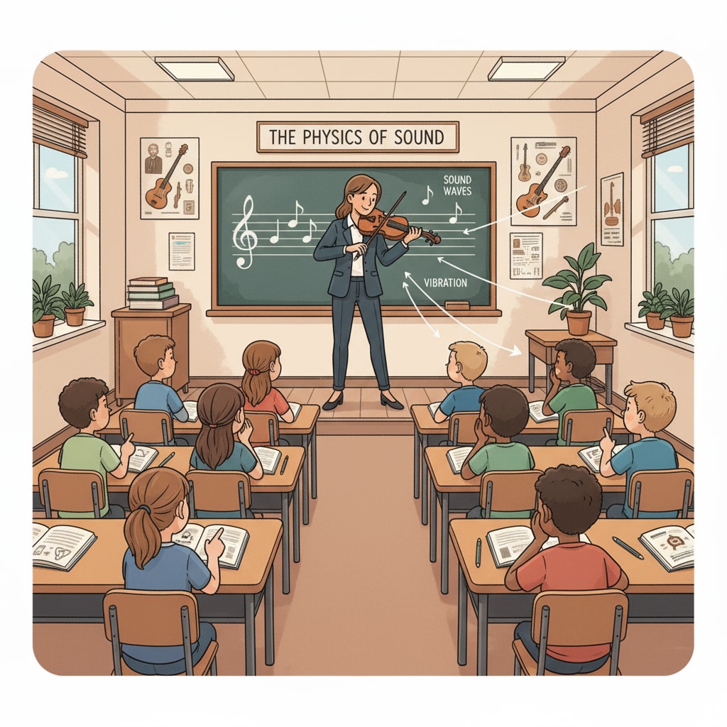 A classroom full of students listening to a violinist. Students in a K12 classroom listening attentively to a violinist, highlighting the importance of music education.