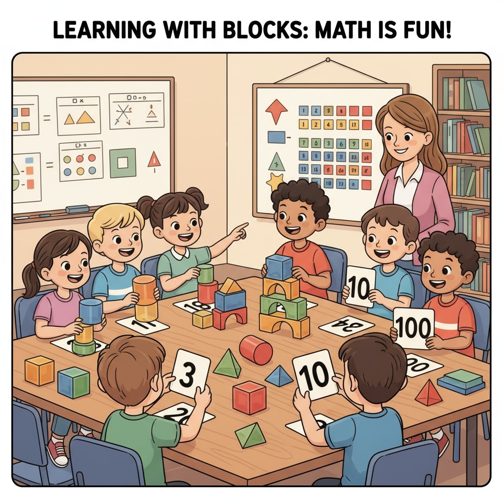 A group of 9-year-old children are gathered around a table, using colorful blocks and number cards to learn math. They are smiling and interacting with each other, showing great enthusiasm for the learning process. 9-year-old children learning math with hands-on activities related to educational projects for those with math difficulties