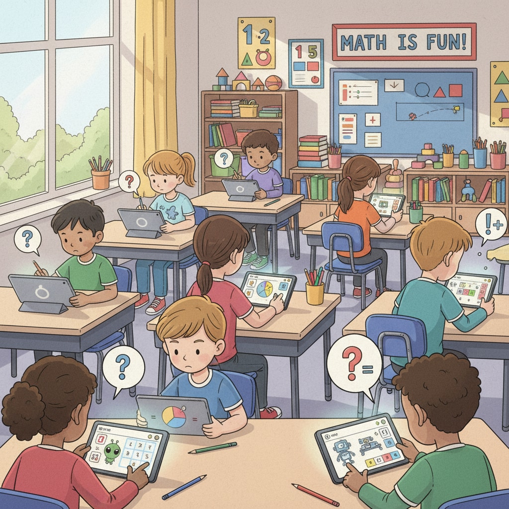 A classroom setting where children are playing math games on tablets. The tablets display various math problems and interactive elements. The children are focused and engaged in solving the problems. Children playing math games on tablets as part of educational projects for kids with math difficulties