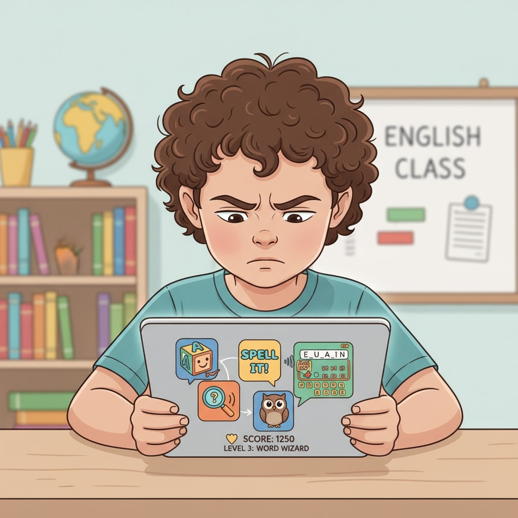 A child is attentively using a tablet with various educational spelling apps displayed on the screen. A child using educational spelling apps for ADHD learning