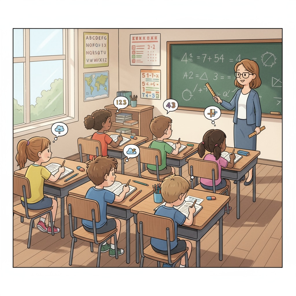 A group of children are sitting at desks in a classroom. One child is looking distracted while others are focused on their work. A distracted ADHD child in a classroom during spelling learning