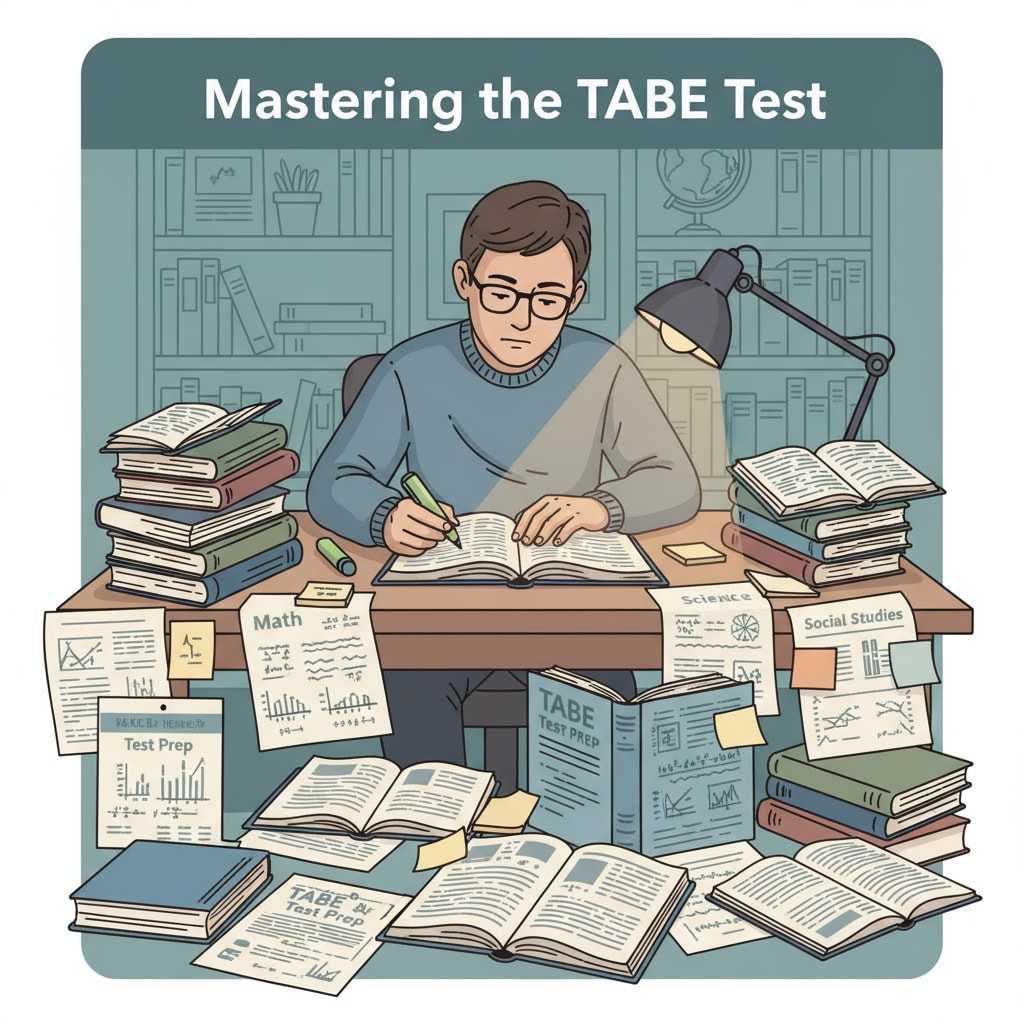 A person is sitting at a table, surrounded by books and notes related to the TABE Test, concentrating on studying. A person studying for the TABE Test which is important for EMT training to become a firefighter