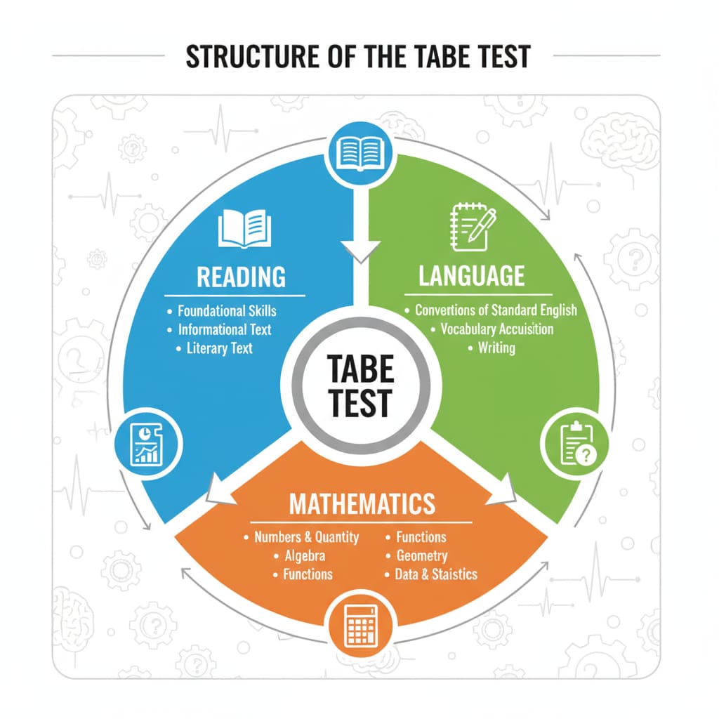 A visual diagram that clearly shows the different sections of the TABE Test including reading, language, and mathematics. Diagram of TABE Test sections relevant for EMT training and becoming a firefighter
