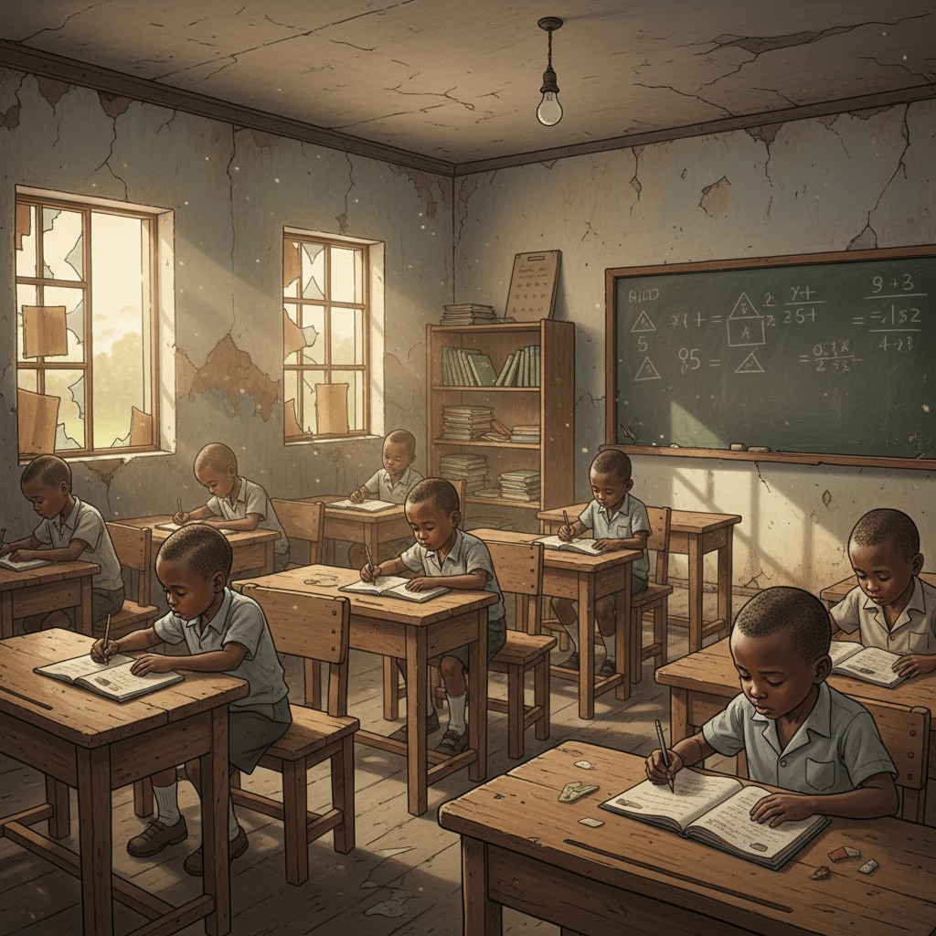 This picture shows a classroom in a poor South African school. The classroom is in a dilapidated state, with simple desks and chairs, indicating the lack of proper educational resources. Educational inequality in South Africa as shown by a poor school classroom lacking resources