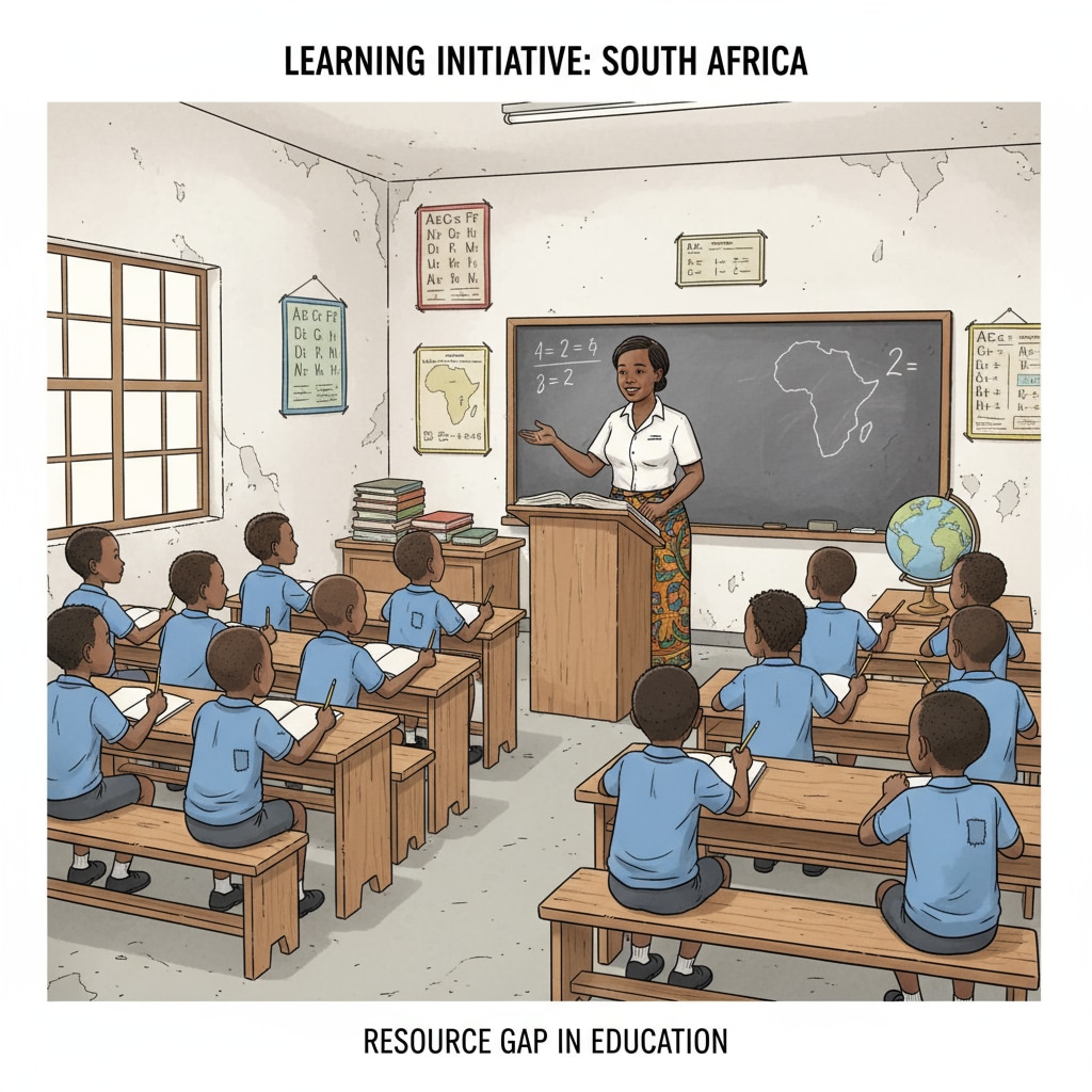 A group of students is listening to a teacher in a simple classroom. The classroom environment lacks modern teaching aids, highlighting the resource gap in South African education. South African students in a simple classroom, reflecting educational inequality due to lack of resources