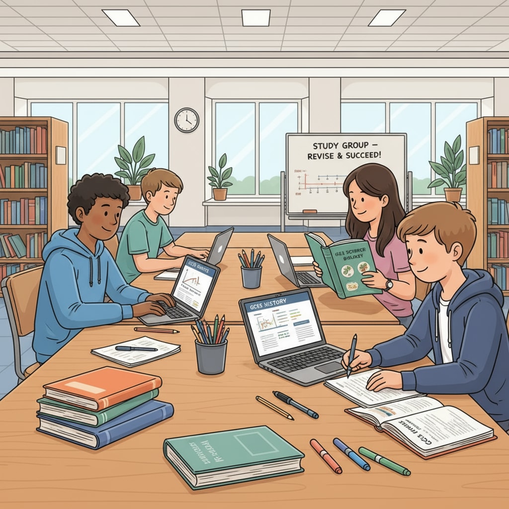A group of teenagers are shown studying on their own. Some are looking at laptops with educational content related to GCSE courses, while others are reading books. Teenagers using self-learning resources for GCSE courses