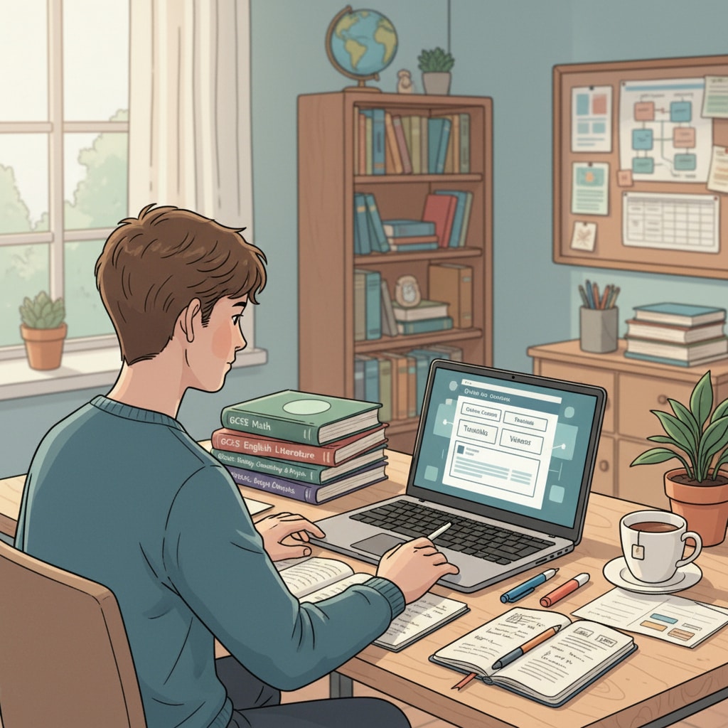 A young person is sitting at a desk, browsing through various self-learning materials on a laptop. There are GCSE textbooks and notebooks placed beside the laptop. A youth utilizing self-learning resources for GCSE studies