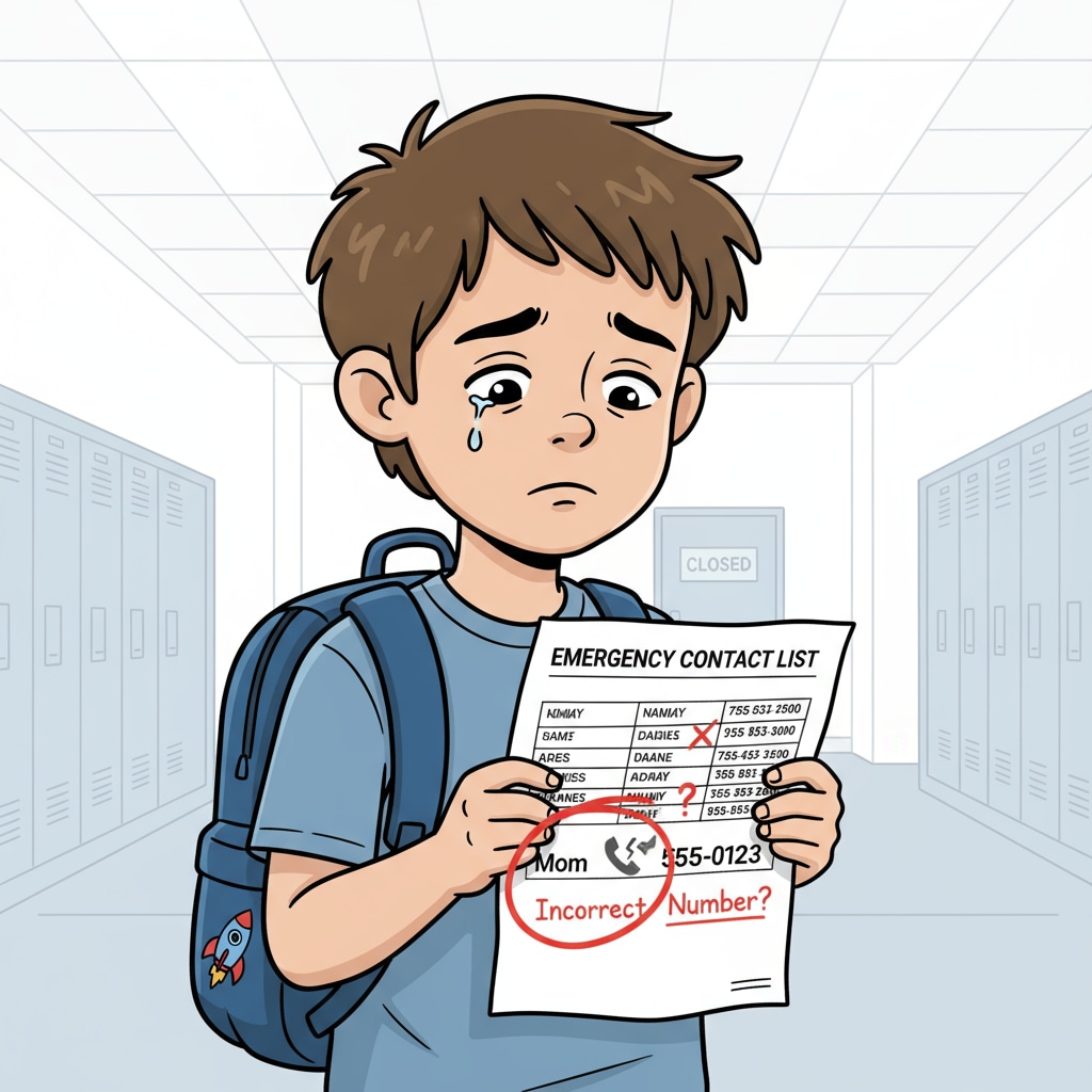 A child is seen looking sad while holding a piece of paper with what seems to be a school contact list on it, highlighting the potential distress caused by incorrect contact list information. A sad child with a school contact list due to parental divorce privacy issue